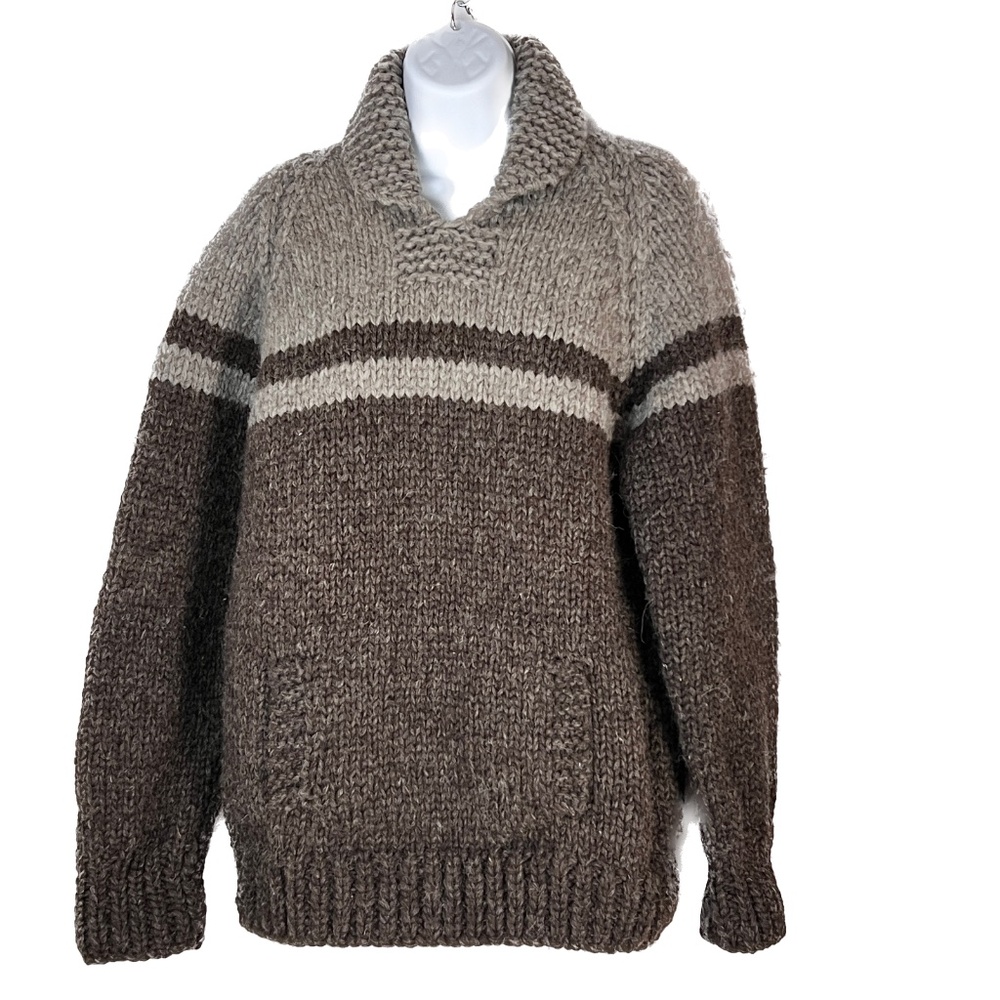 White Buffalo Sweater Chunky Wool Pullover Size S / M Brown Handknit Handmade